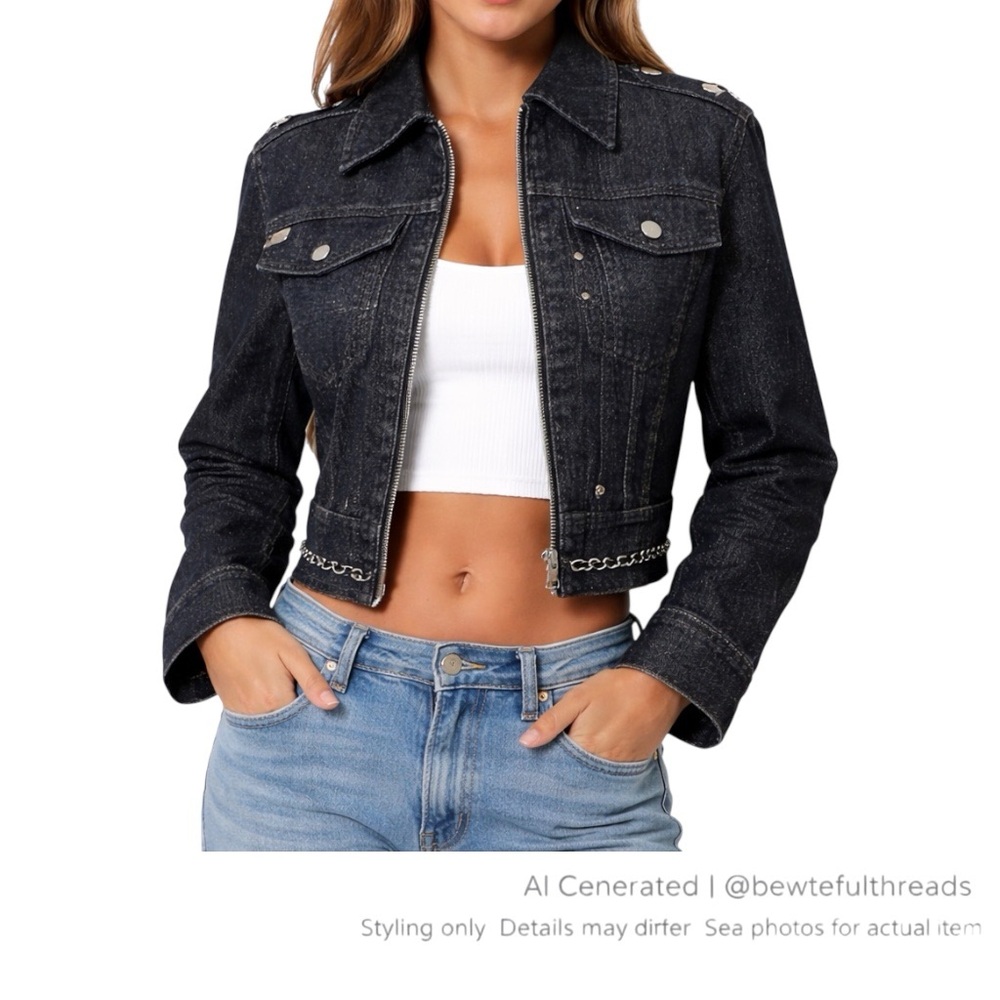 Indie Sleaze Dark Denim Chain Trim Cropped Jacket